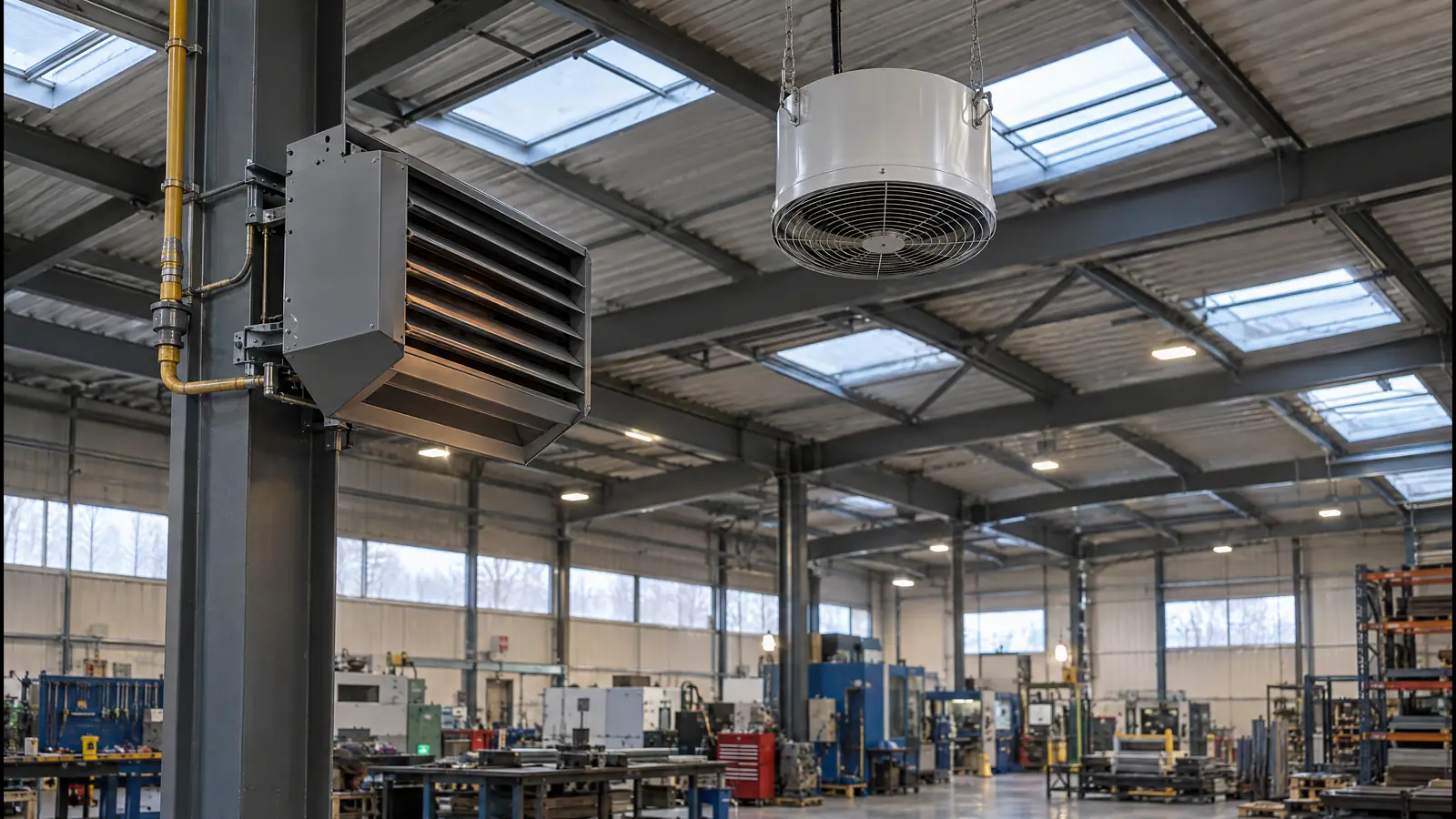 Aérotherme fixé en hauteur dans un atelier chauffé, sous un destratificateur d'air suspendu à la charpente