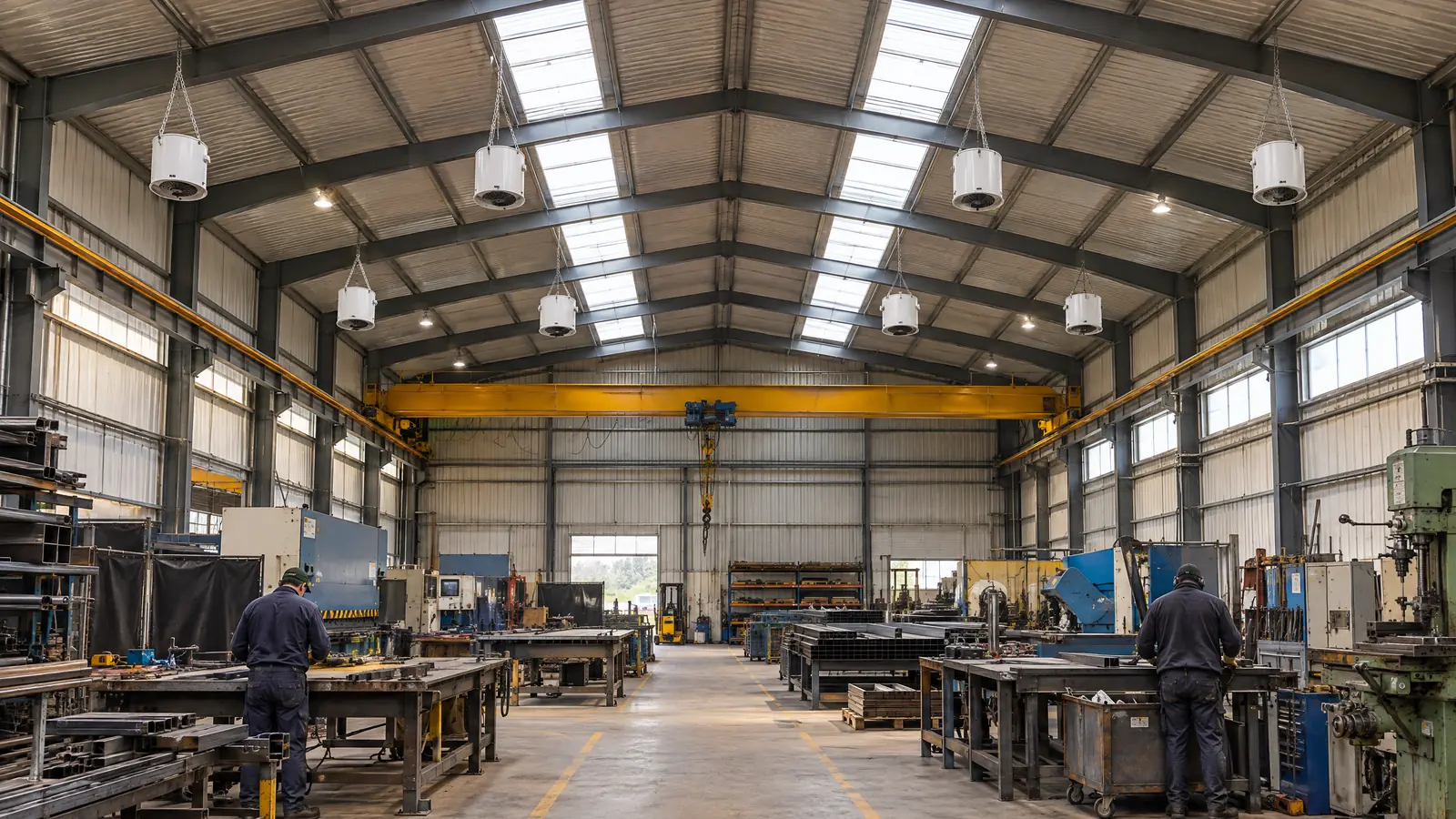 Atelier de fabrication chauffé équipé de destratificateurs d'air suspendus sous la toiture