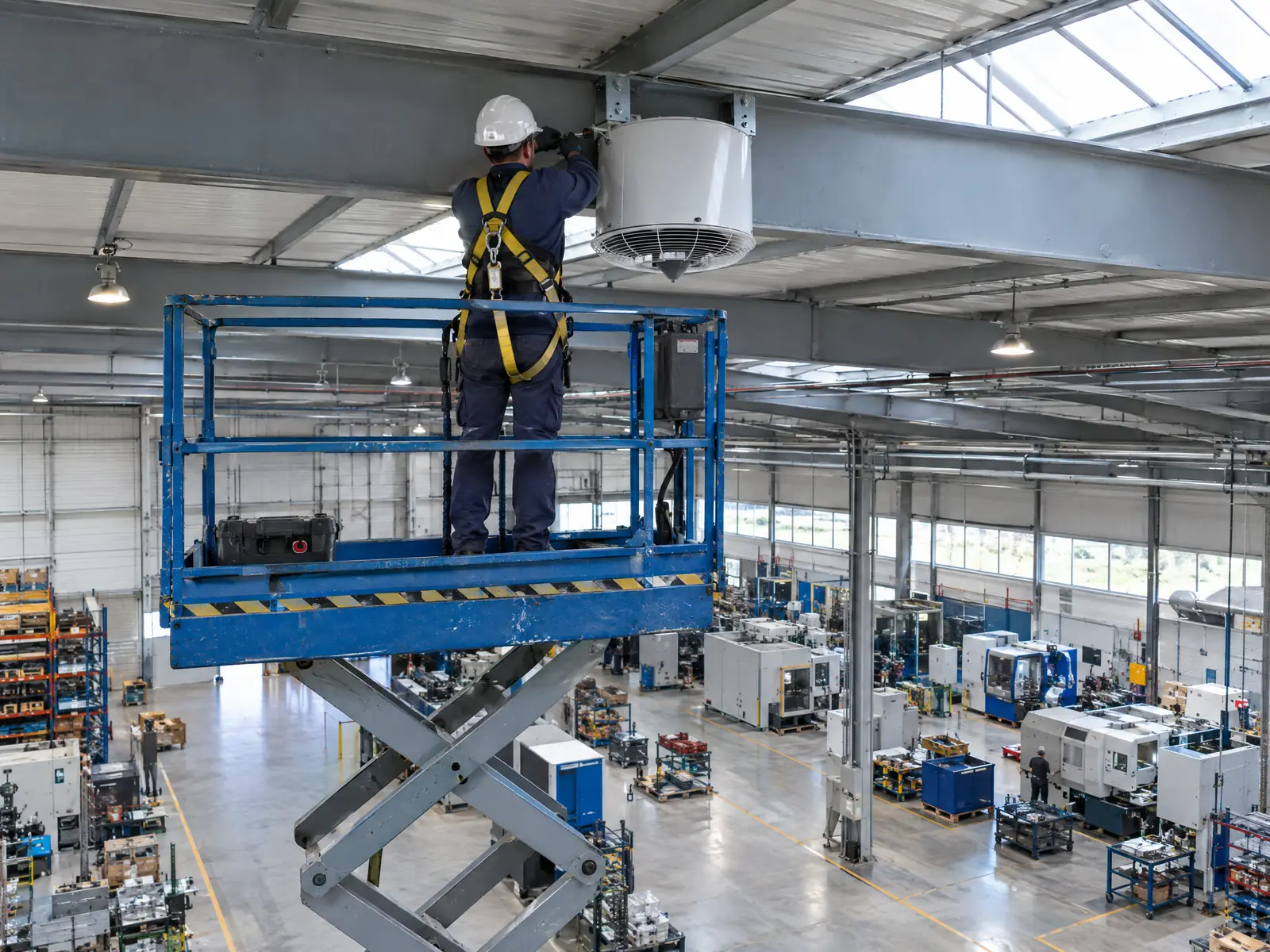 Technicien harnaché sur une nacelle ciseaux fixant un destratificateur d'air sous la charpente d'un atelier