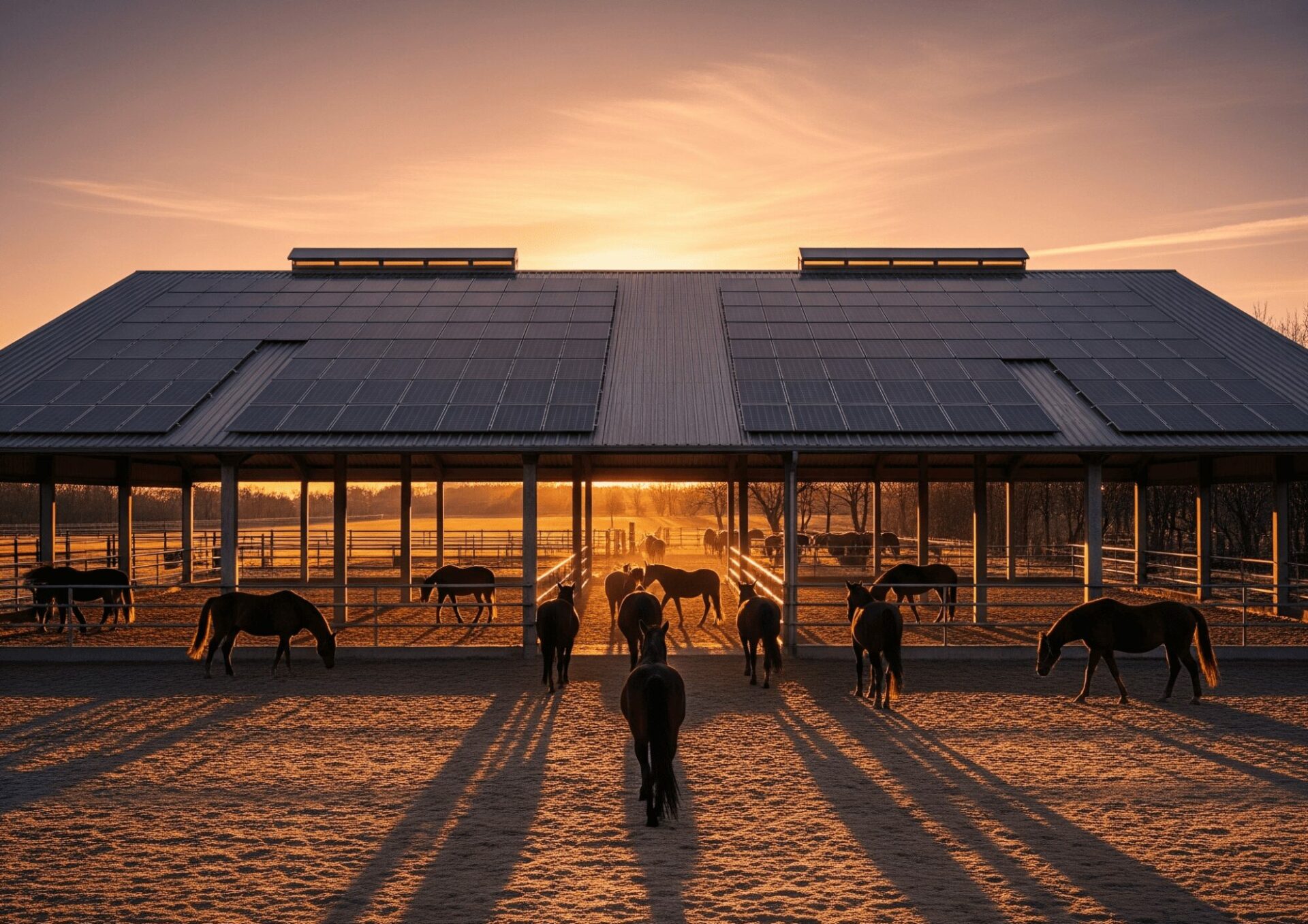 Construction manège équestre vue de l'entrée avec des chevaux