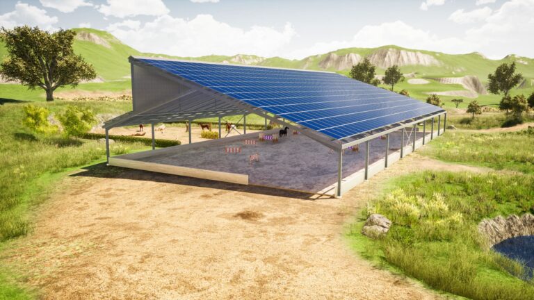 Manège équestre photovoltaïque avec des chevaux au travail dessous
