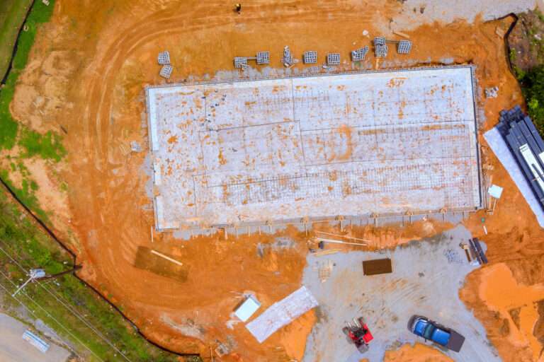 Construction d'un bâtiment agricole en cours à l'étape du terrassement et des fondations
