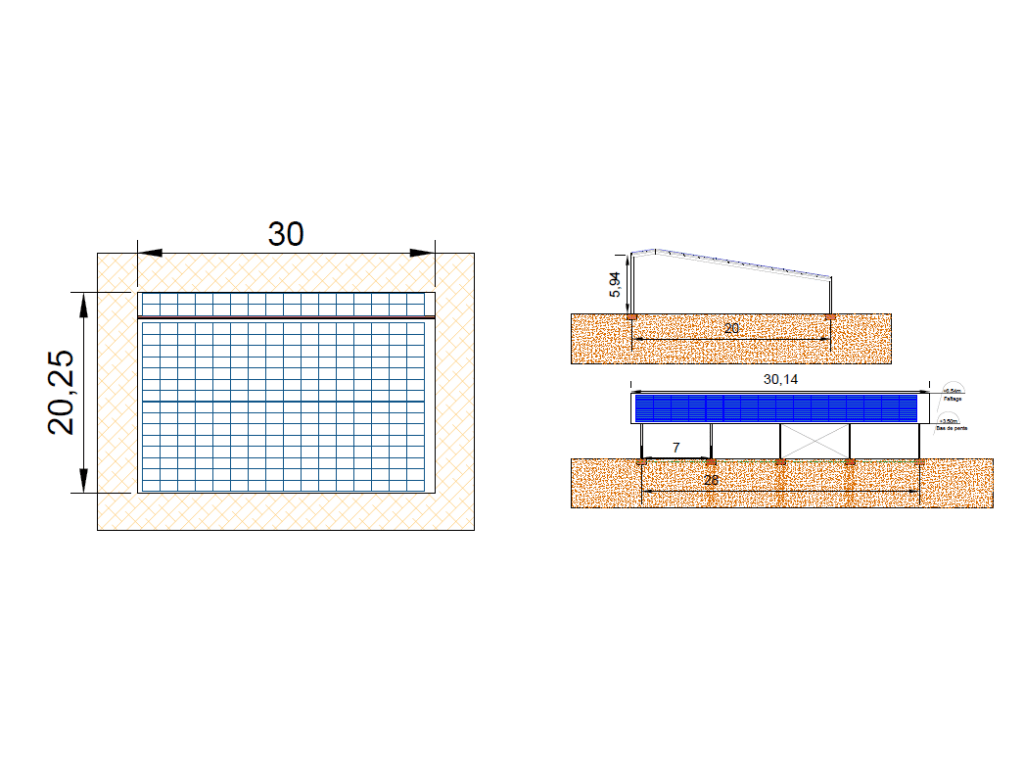 Hangar photovoltaique asymétrique sur plan vue de face et de profil