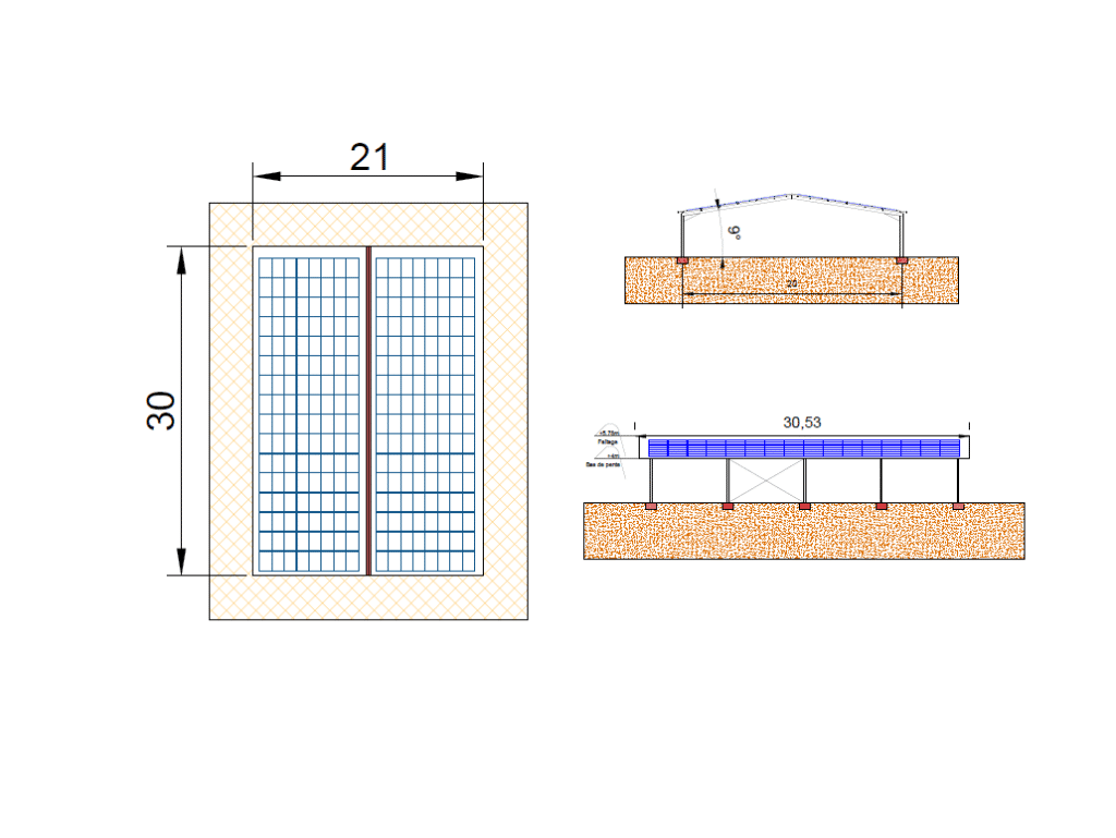 Hangar photovoltaique symétrique sur plan vue de face et de profil