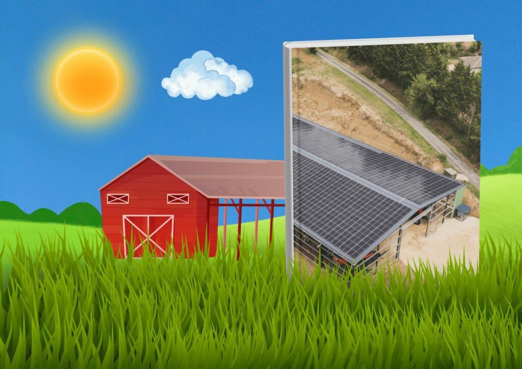 Hangar solaire dans un champs avec du soleil