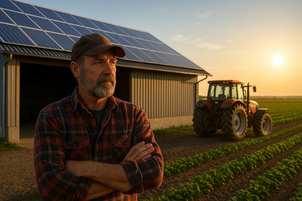 hangar photovoltaïque agricole avec un fermier et un tracteur au couchée du soleil