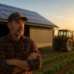 hangar photovoltaïque agricole avec un fermier et un tracteur au couchée du soleil