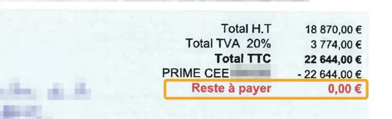 Bas du devis réel anonymisé : total TTC 22 644 €, prime CEE moins 22 644 €, reste à payer 0,00 €